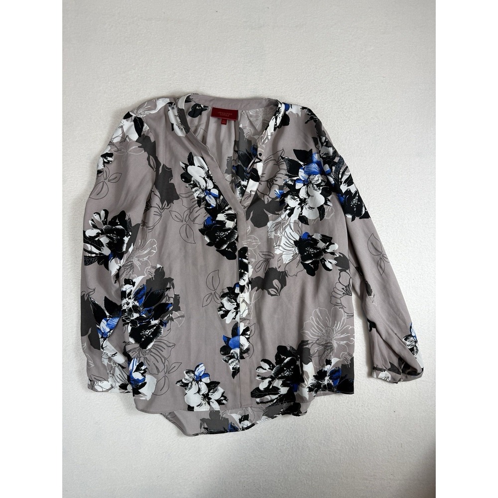 Jennifer Lopez Womens XXL Blouse Top Long Sleeve Grey Black Floral V Neck XXL